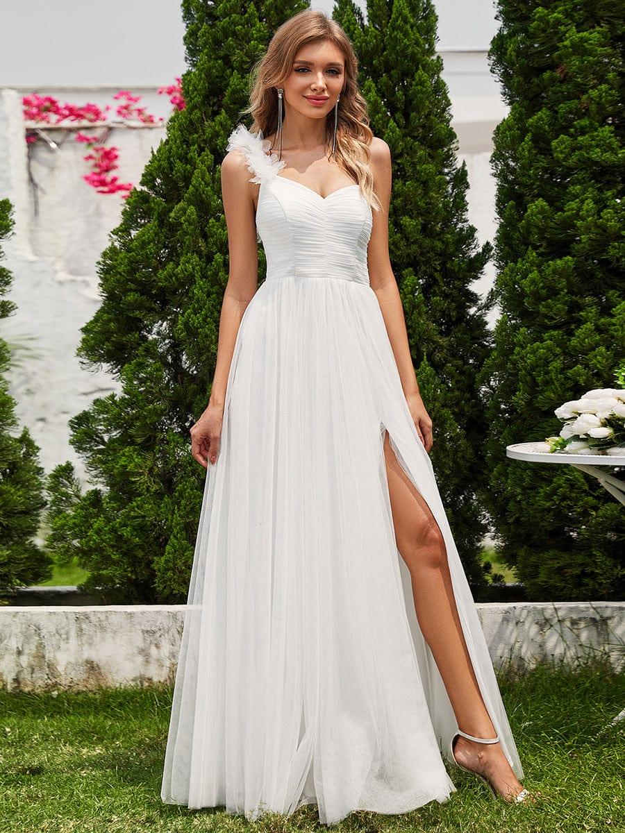 CLOE|Sweetheart Neckline One Shoulder with Floral Tulle High Slit Bridesmaid Dress