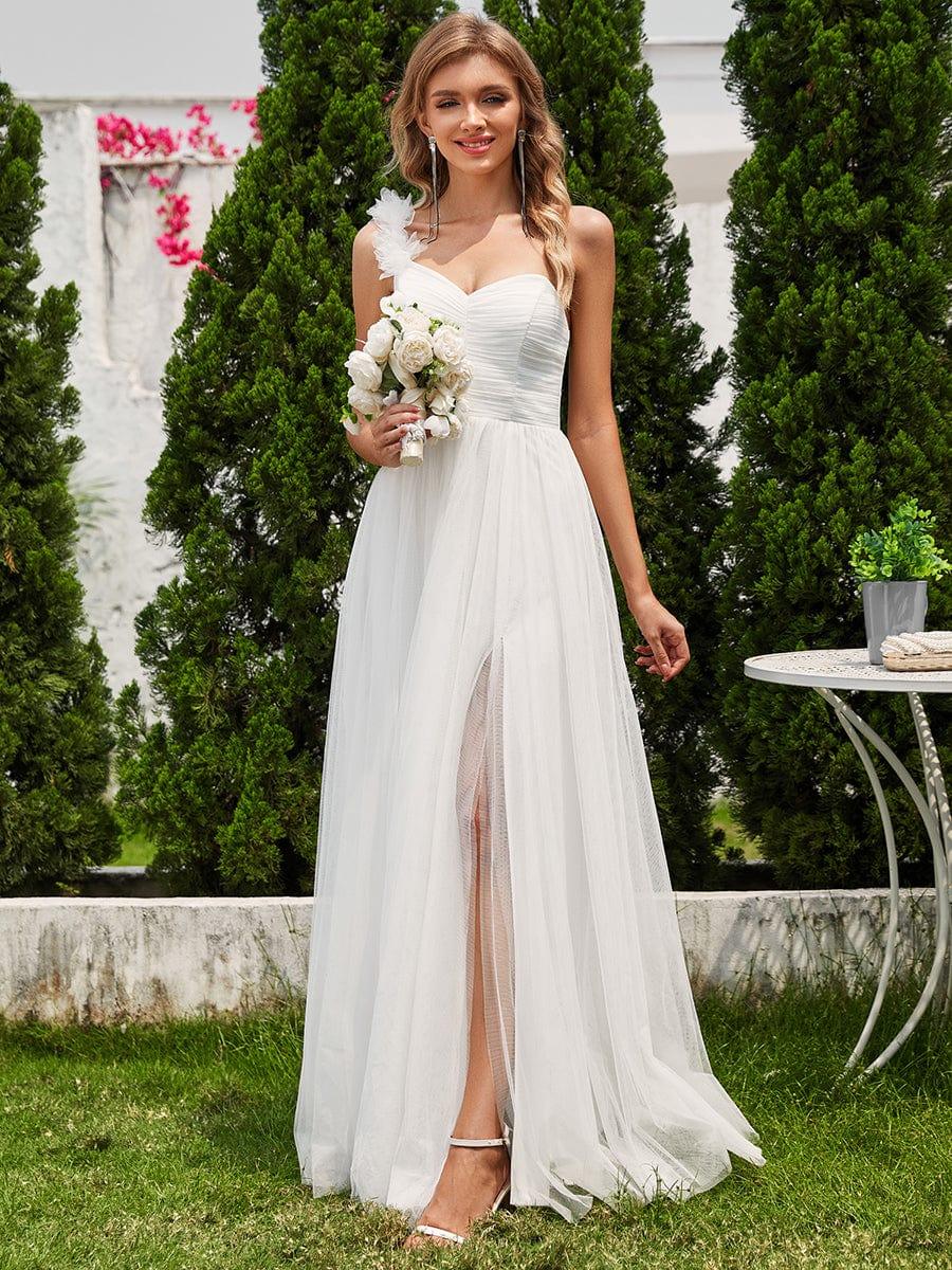 CLOE|Sweetheart Neckline One Shoulder with Floral Tulle High Slit Bridesmaid Dress