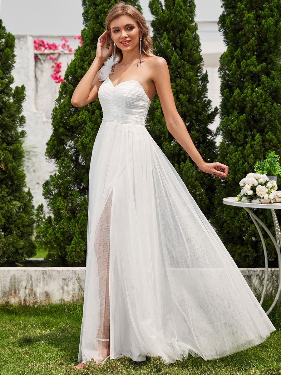 CLOE|Sweetheart Neckline One Shoulder with Floral Tulle High Slit Bridesmaid Dress
