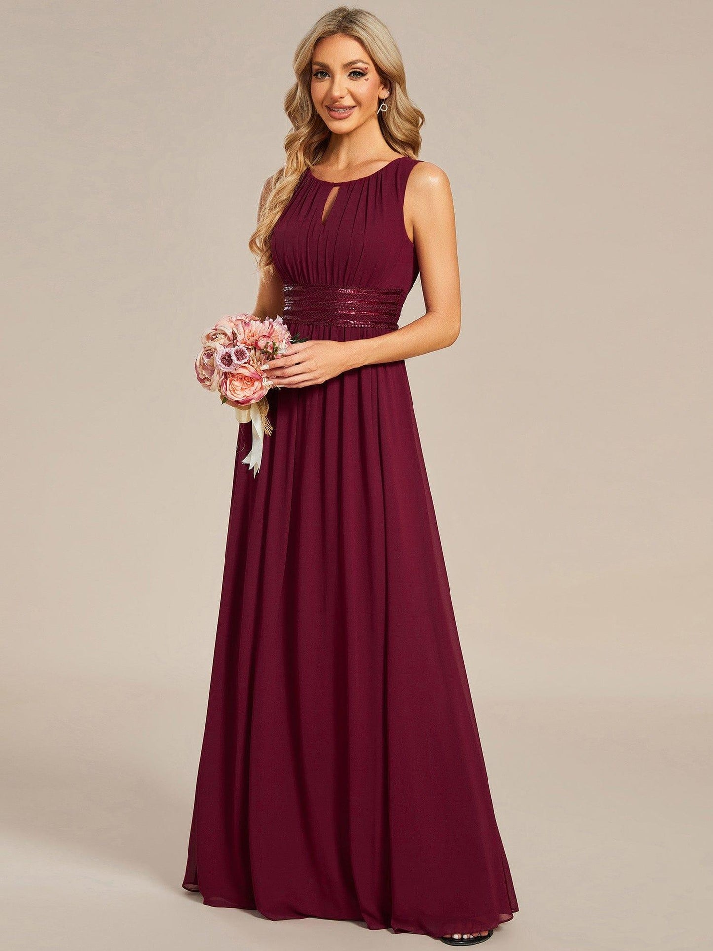 KALIA|Simple Sleeveless A-line Chiffon Bridesmaid Dress with Hollow Out Detail