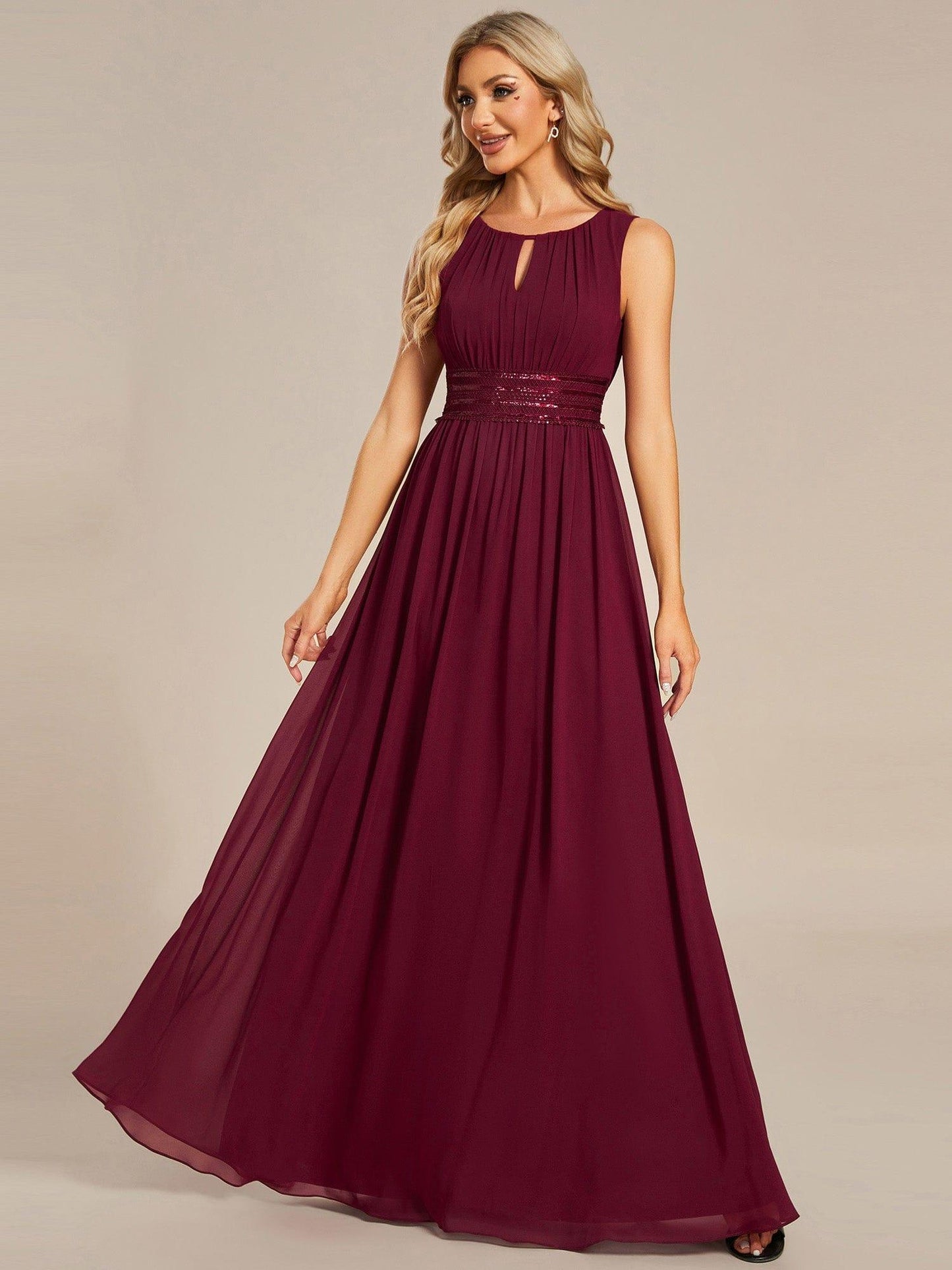 KALIA|Simple Sleeveless A-line Chiffon Bridesmaid Dress with Hollow Out Detail