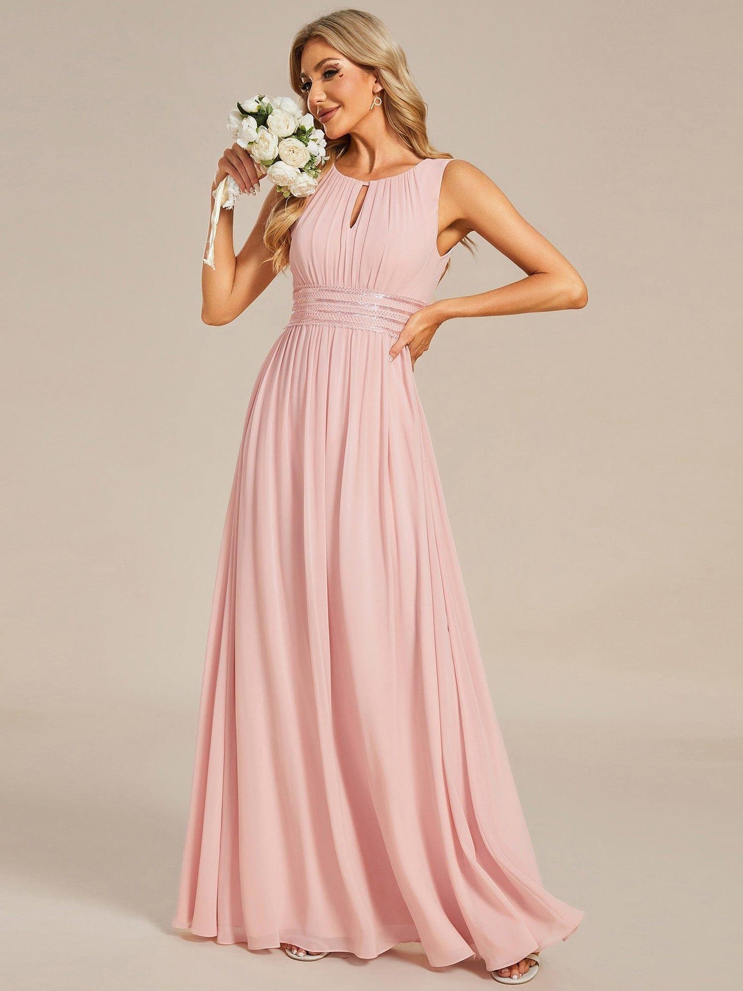 KALIA|Simple Sleeveless A-line Chiffon Bridesmaid Dress with Hollow Out Detail