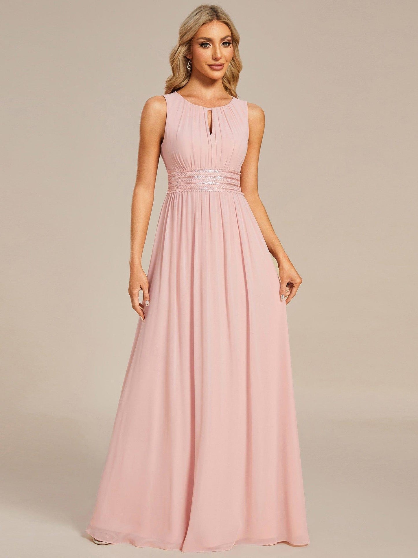 KALIA|Simple Sleeveless A-line Chiffon Bridesmaid Dress with Hollow Out Detail