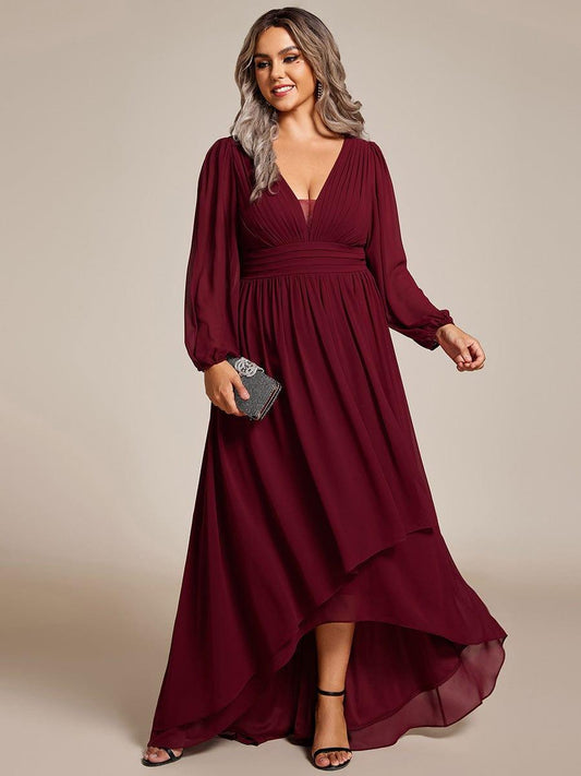 pretty GRIFFIN|Plus Size V-Neck Long Lantern Sleeves A-Line Chiffon Bridesmaid Dress