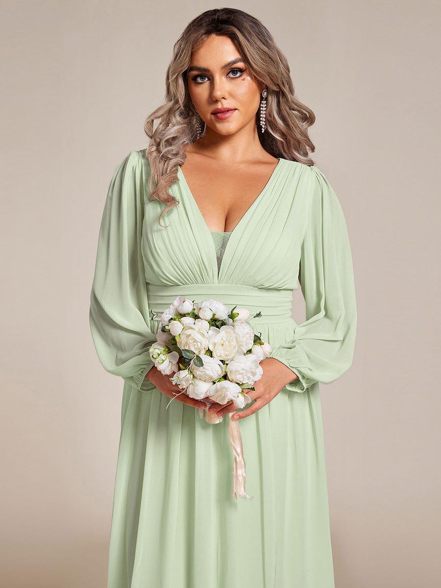 pretty GRIFFIN|Plus Size V-Neck Long Lantern Sleeves A-Line Chiffon Bridesmaid Dress