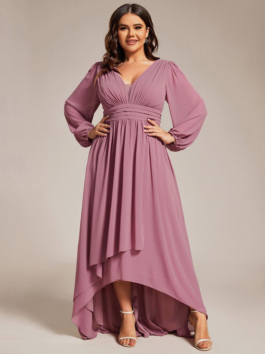 pretty GRIFFIN|Plus Size V-Neck Long Lantern Sleeves A-Line Chiffon Bridesmaid Dress