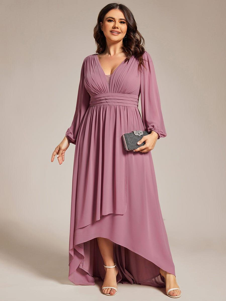 pretty GRIFFIN|Plus Size V-Neck Long Lantern Sleeves A-Line Chiffon Bridesmaid Dress
