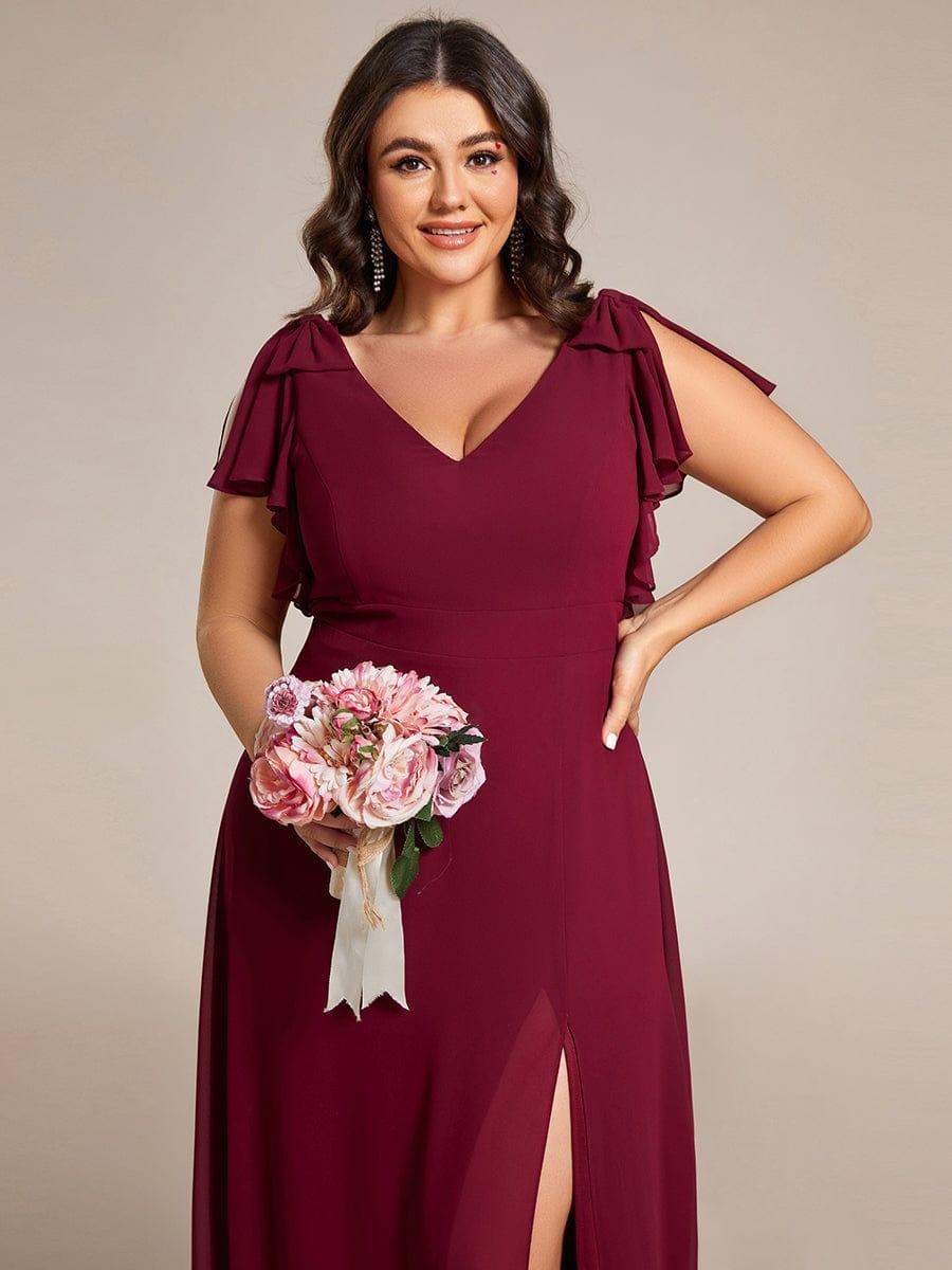 ROSY|Short Sleeves with Bowknot High Front Slit A-Line Chiffon Bridesmaid Dress