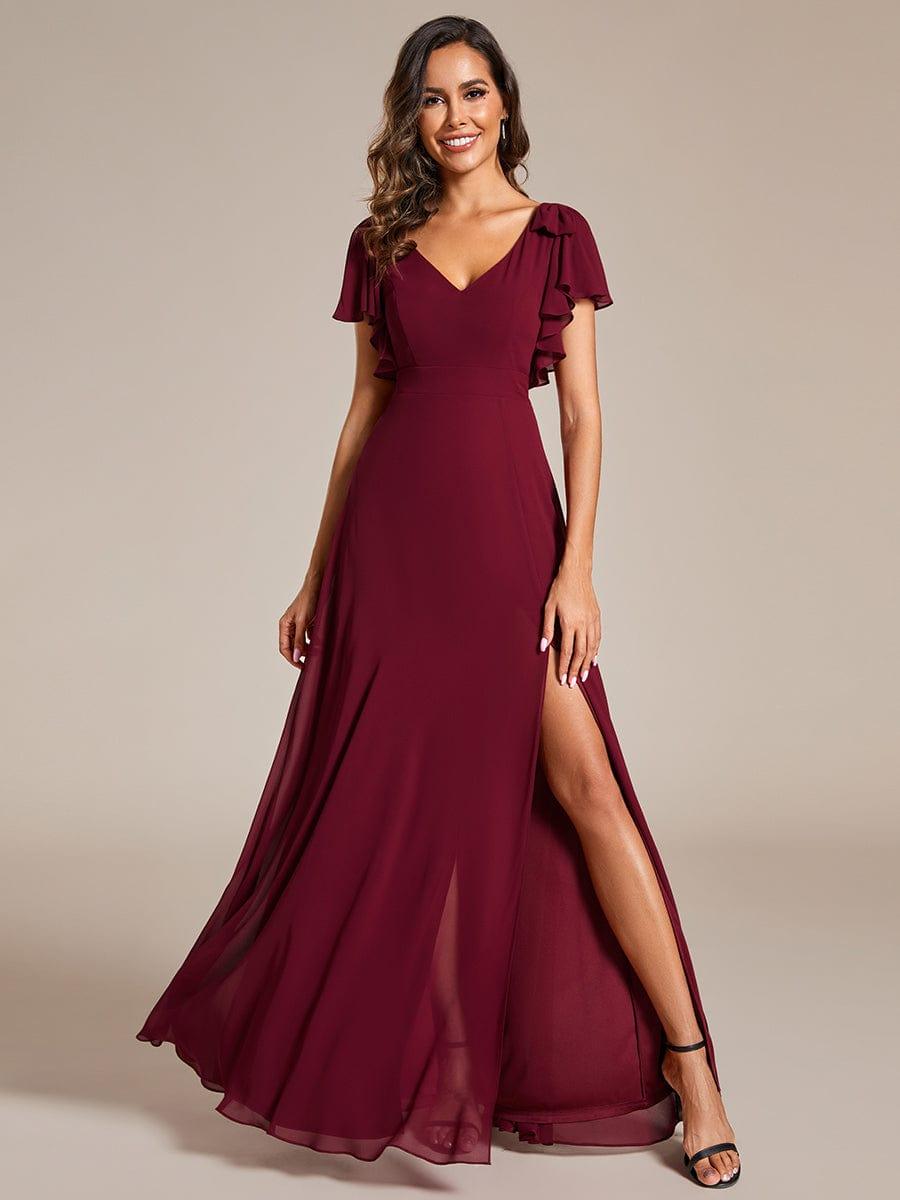 ROSY|Short Sleeves with Bowknot High Front Slit A-Line Chiffon Bridesmaid Dress