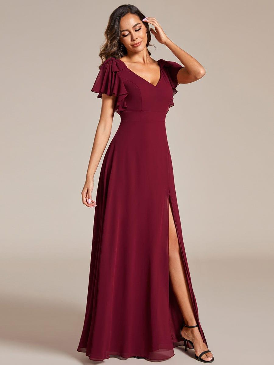 ROSY|Short Sleeves with Bowknot High Front Slit A-Line Chiffon Bridesmaid Dress