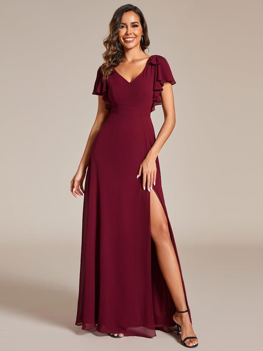 ROSY|Short Sleeves with Bowknot High Front Slit A-Line Chiffon Bridesmaid Dress