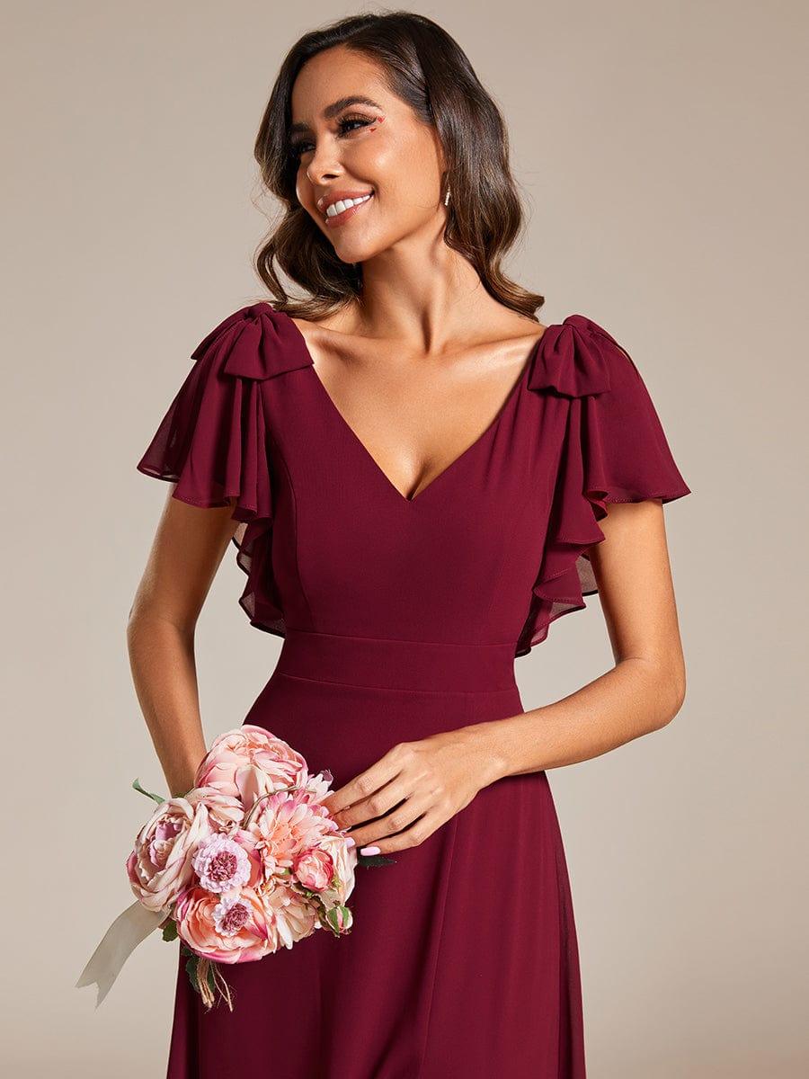 ROSY|Short Sleeves with Bowknot High Front Slit A-Line Chiffon Bridesmaid Dress
