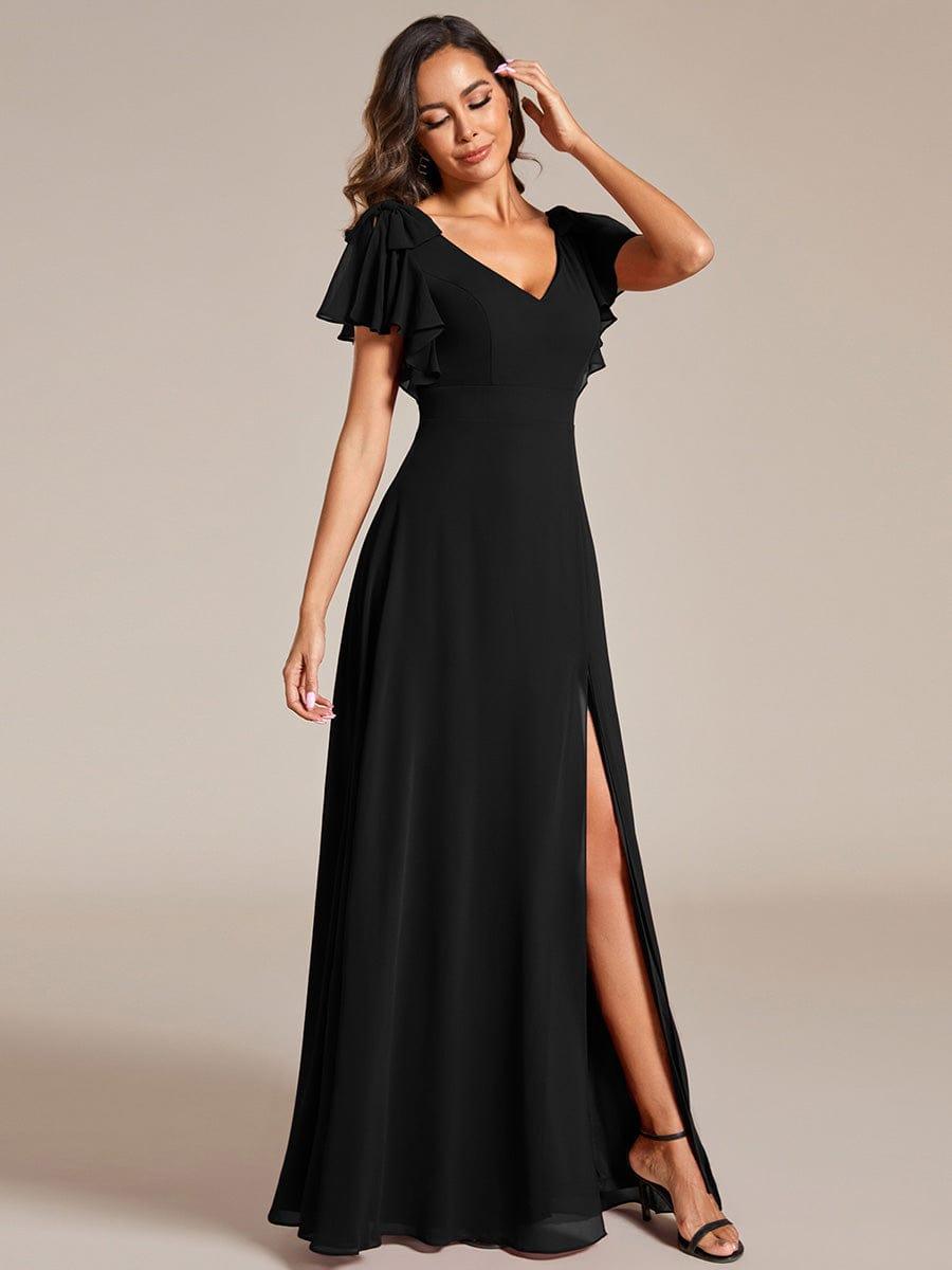 ROSY|Short Sleeves with Bowknot High Front Slit A-Line Chiffon Bridesmaid Dress