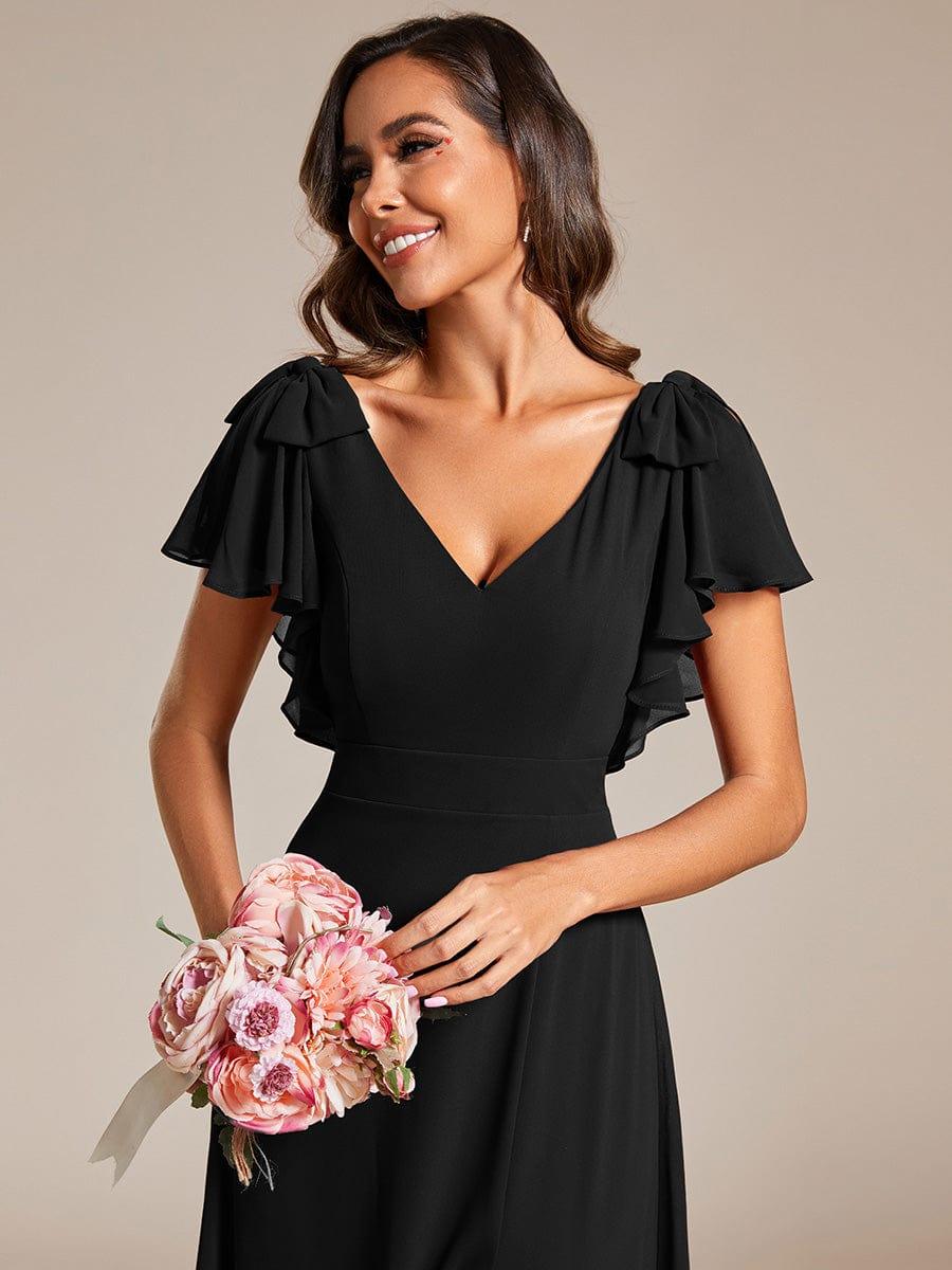 ROSY|Short Sleeves with Bowknot High Front Slit A-Line Chiffon Bridesmaid Dress