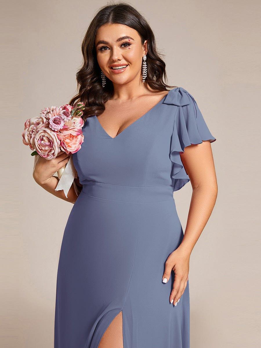 ROSY|Short Sleeves with Bowknot High Front Slit A-Line Chiffon Bridesmaid Dress