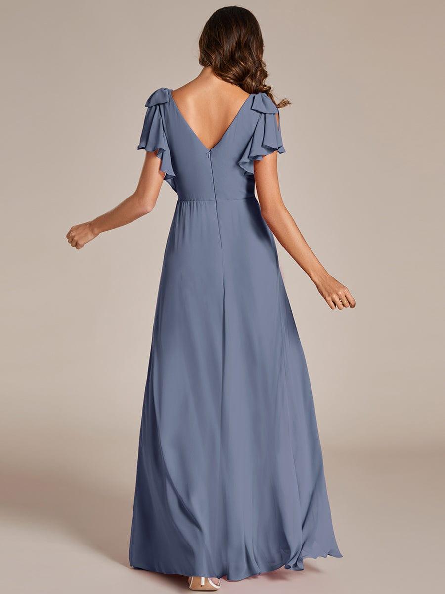 ROSY|Short Sleeves with Bowknot High Front Slit A-Line Chiffon Bridesmaid Dress
