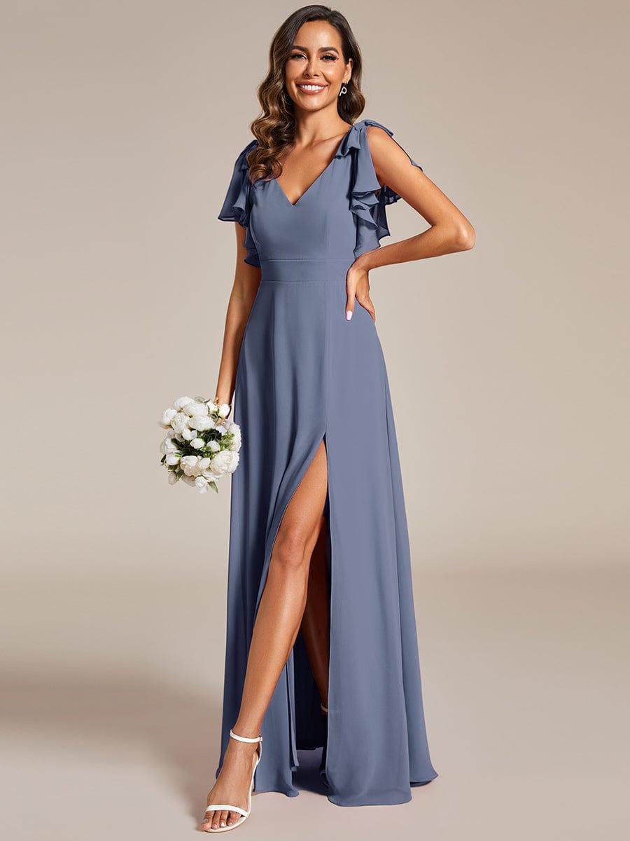ROSY|Short Sleeves with Bowknot High Front Slit A-Line Chiffon Bridesmaid Dress