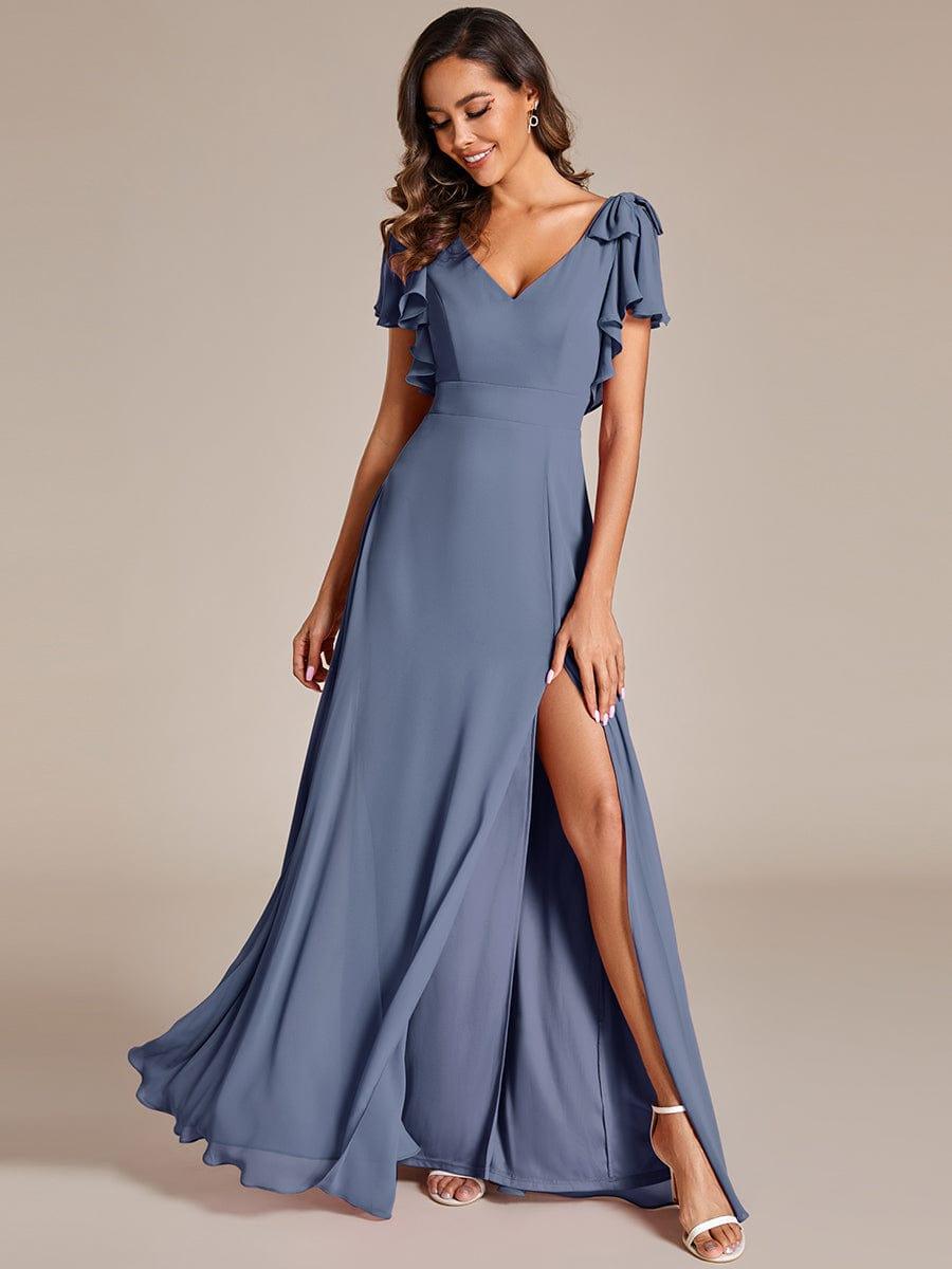 ROSY|Short Sleeves with Bowknot High Front Slit A-Line Chiffon Bridesmaid Dress