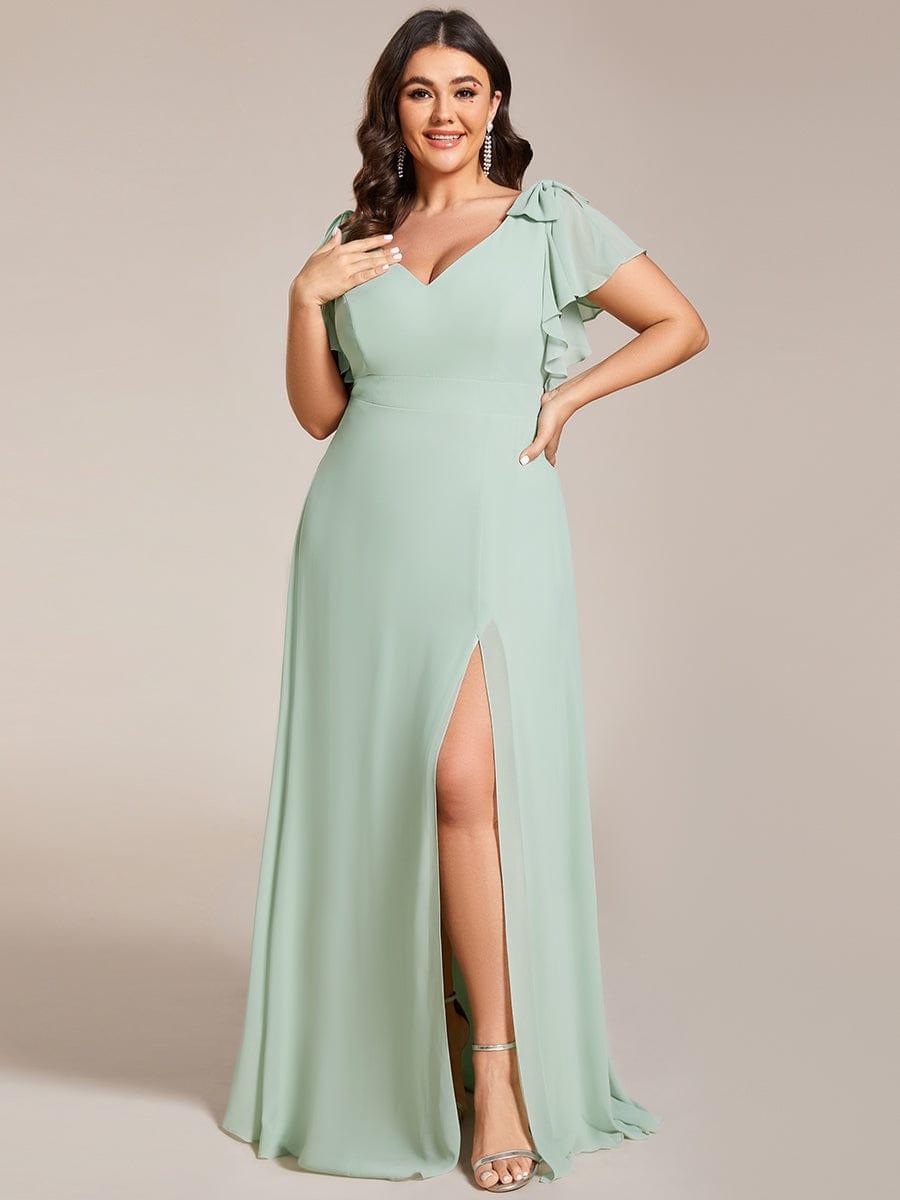 ROSY|Short Sleeves with Bowknot High Front Slit A-Line Chiffon Bridesmaid Dress