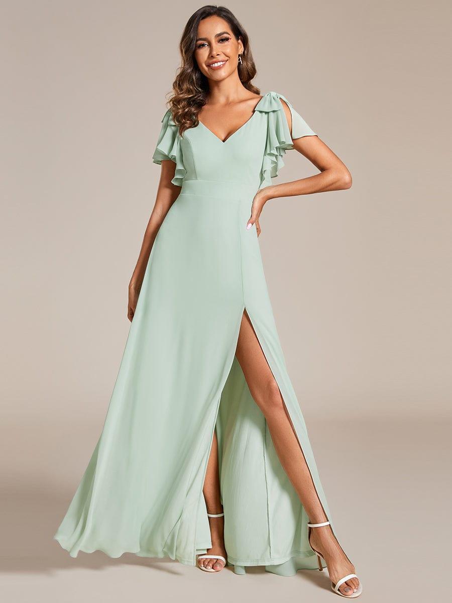ROSY|Short Sleeves with Bowknot High Front Slit A-Line Chiffon Bridesmaid Dress