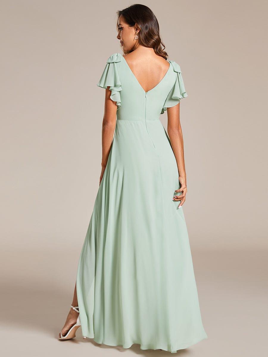 ROSY|Short Sleeves with Bowknot High Front Slit A-Line Chiffon Bridesmaid Dress