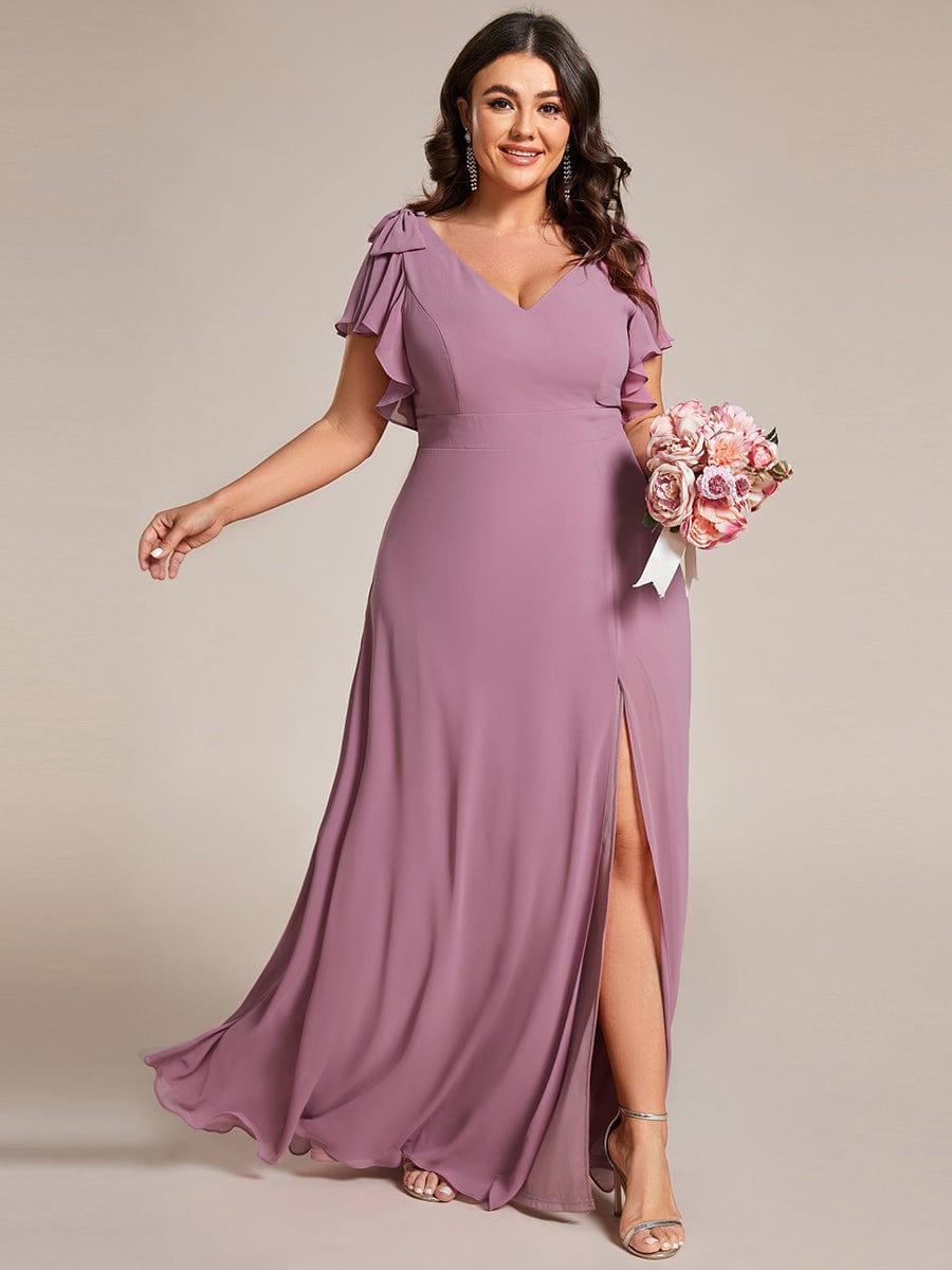 ROSY|Short Sleeves with Bowknot High Front Slit A-Line Chiffon Bridesmaid Dress