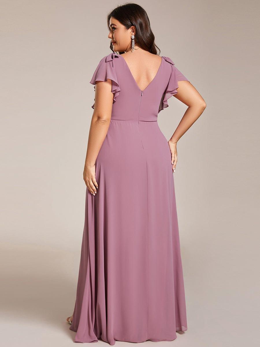 ROSY|Short Sleeves with Bowknot High Front Slit A-Line Chiffon Bridesmaid Dress
