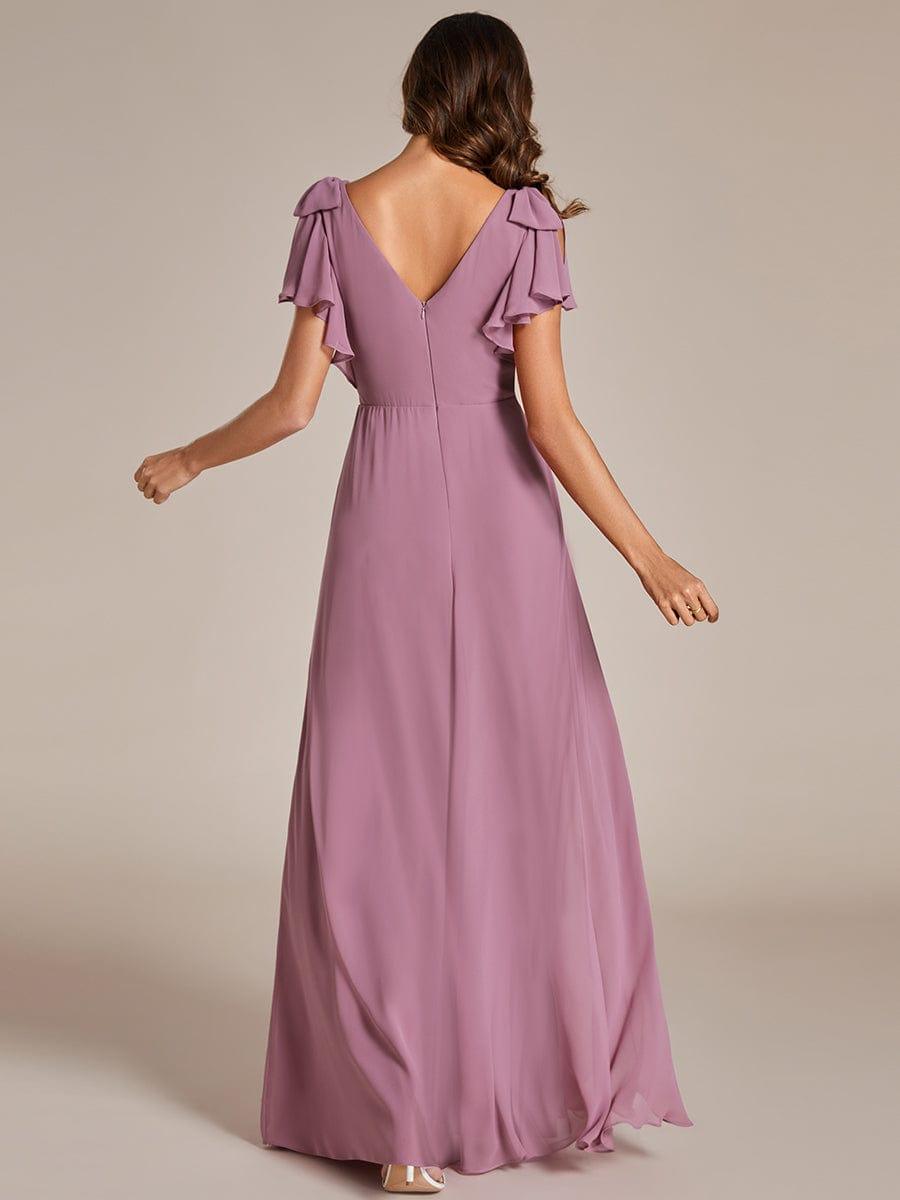 ROSY|Short Sleeves with Bowknot High Front Slit A-Line Chiffon Bridesmaid Dress