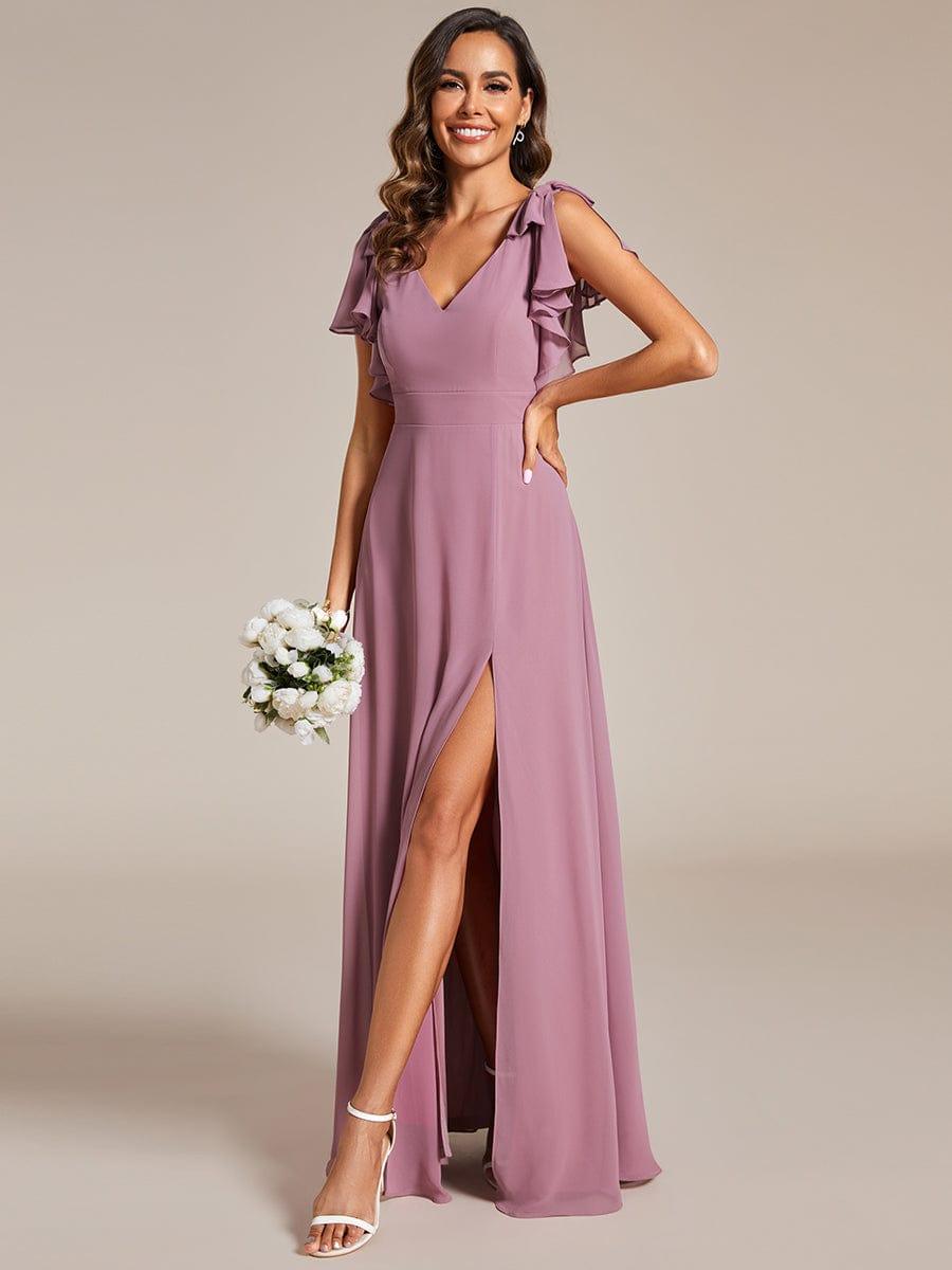 ROSY|Short Sleeves with Bowknot High Front Slit A-Line Chiffon Bridesmaid Dress