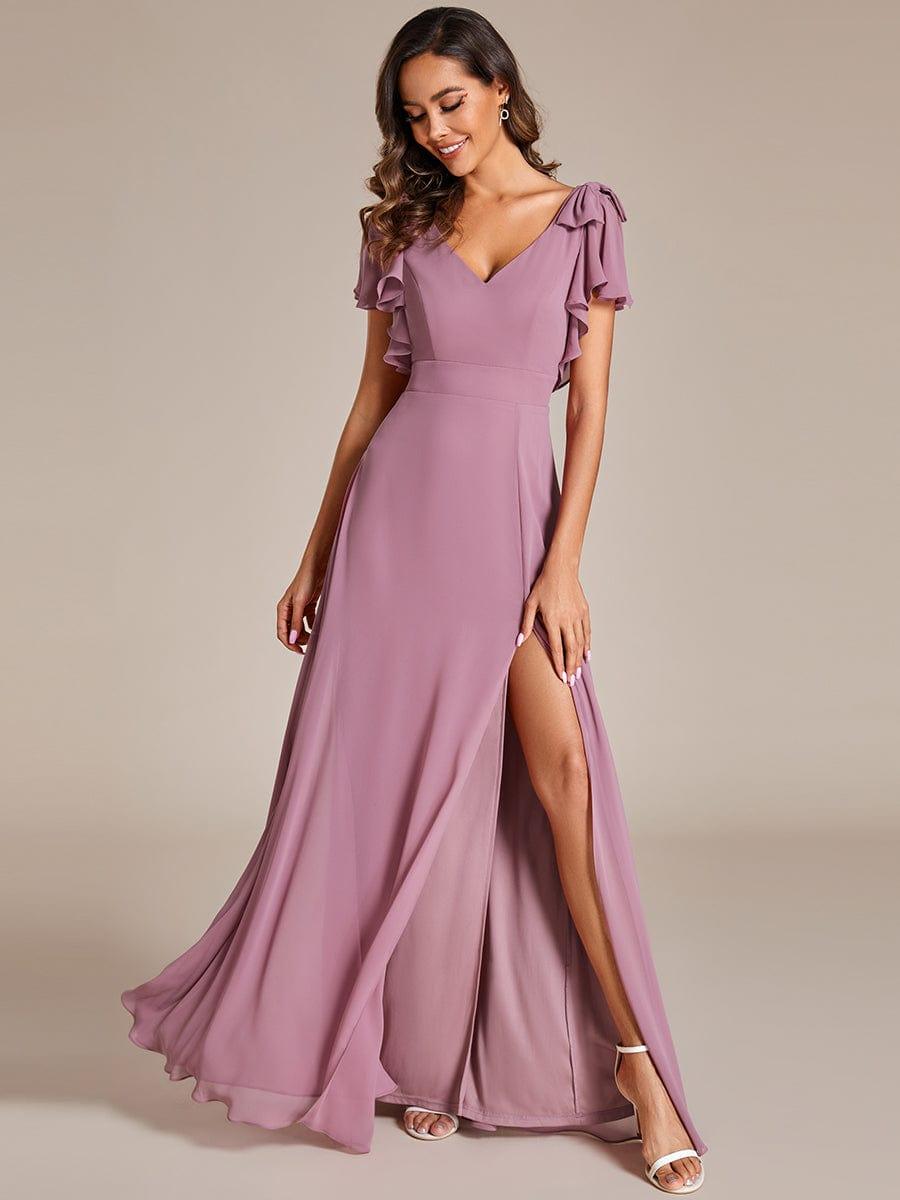 ROSY|Short Sleeves with Bowknot High Front Slit A-Line Chiffon Bridesmaid Dress