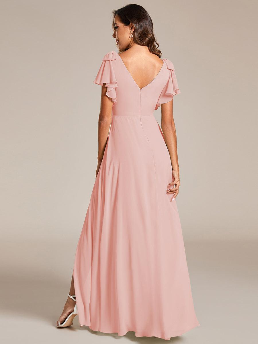 ROSY|Short Sleeves with Bowknot High Front Slit A-Line Chiffon Bridesmaid Dress