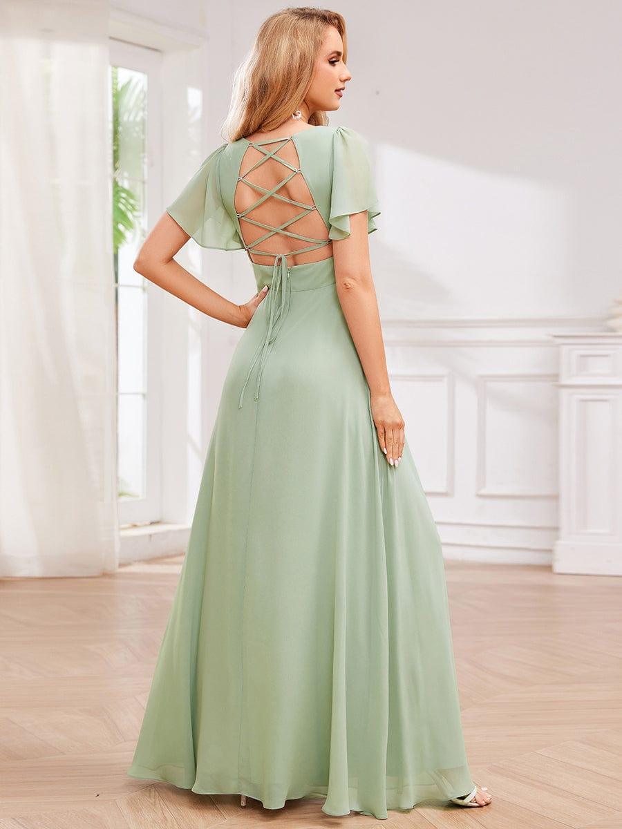 High-Waist Pleated V-Neck Bridesmaid Dress with Cross-Tie Back