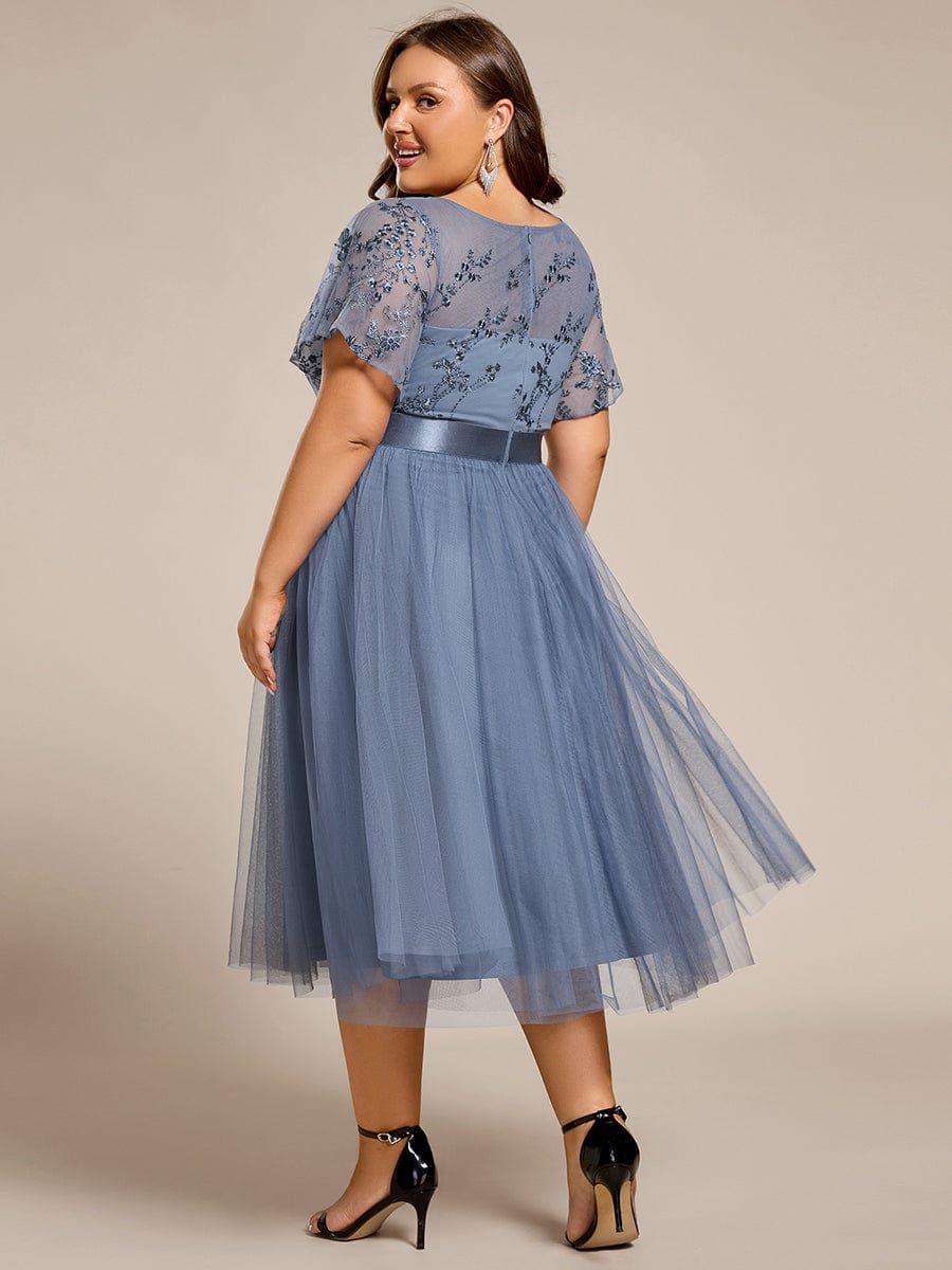 pretty MARA|Plus Size Round Neckline Embellished Tulle Midi Junior Bridesmaid Dress