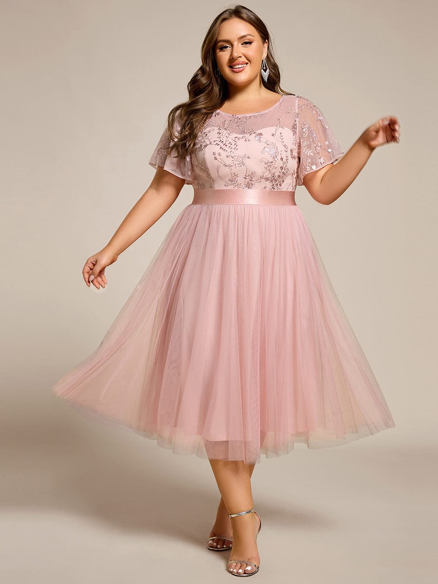 pretty MARA|Plus Size Round Neckline Embellished Tulle Midi Junior Bridesmaid Dress
