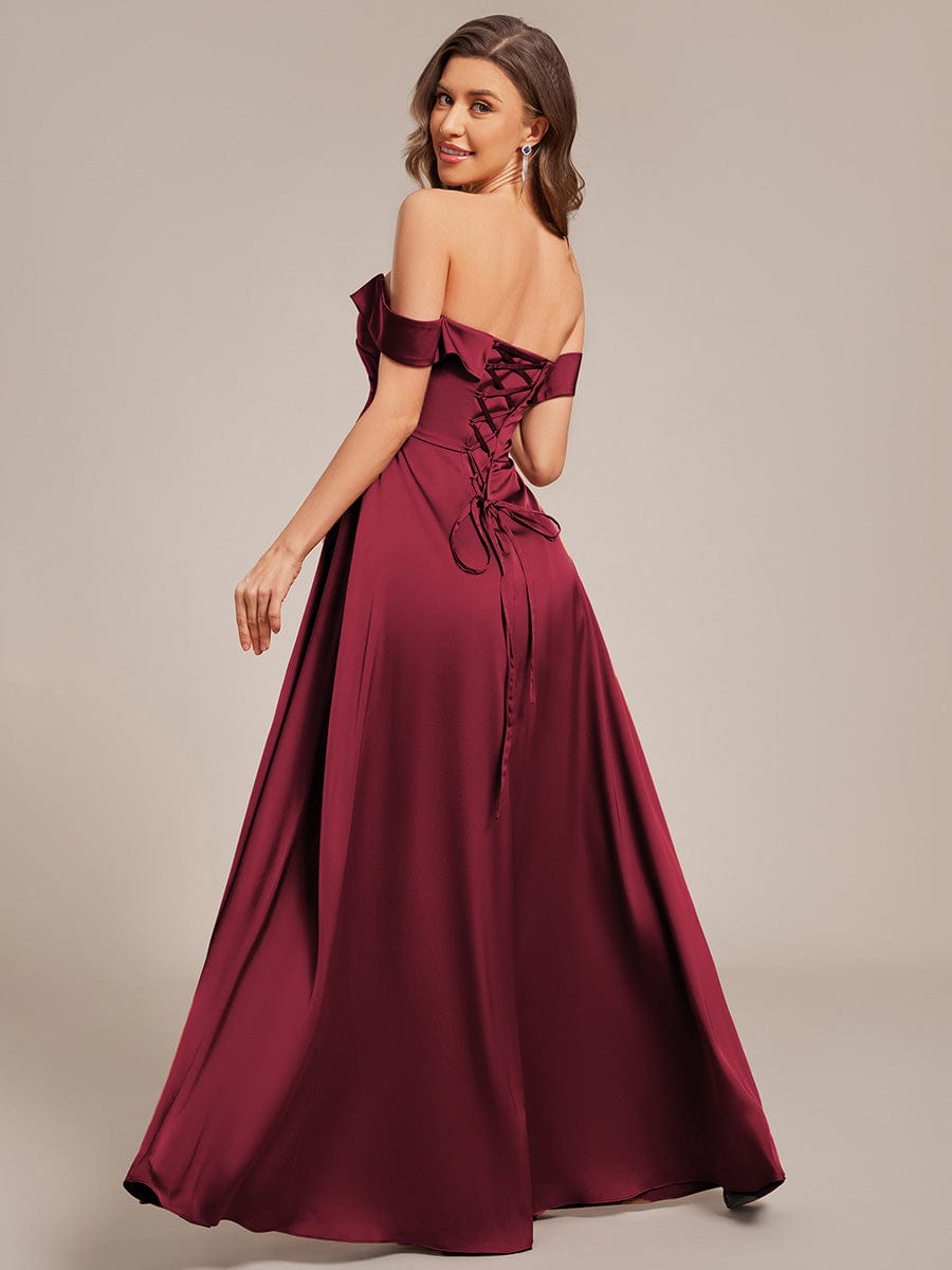 SKYE|Off Shoulder Lace-Up High Slit Satin Bridesmaid Dress