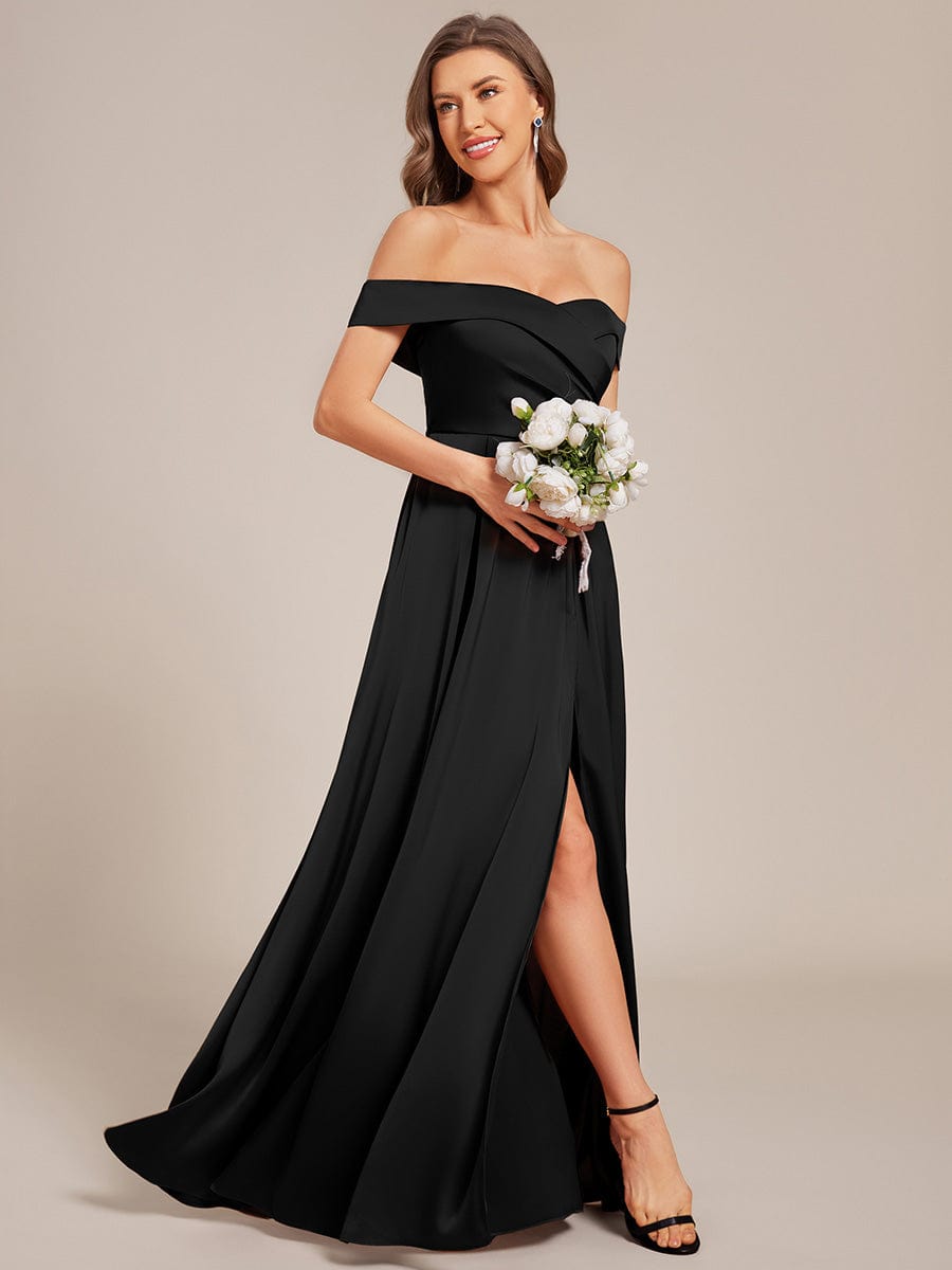 SKYE|Off Shoulder Lace-Up High Slit Satin Bridesmaid Dress
