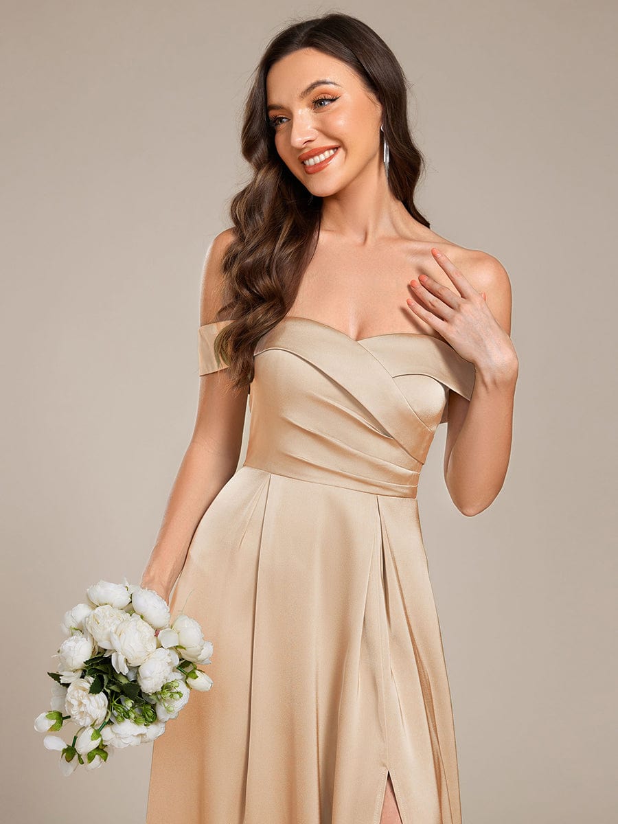 SKYE|Off Shoulder Lace-Up High Slit Satin Bridesmaid Dress