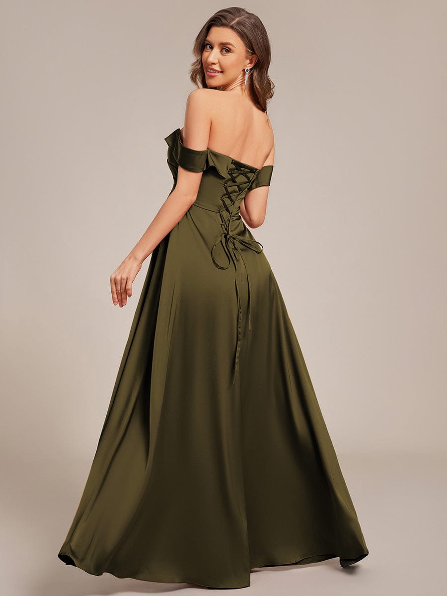SKYE|Off Shoulder Lace-Up High Slit Satin Bridesmaid Dress