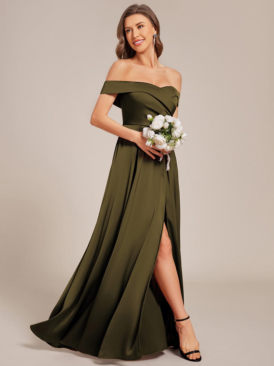 SKYE|Off Shoulder Lace-Up High Slit Satin Bridesmaid Dress