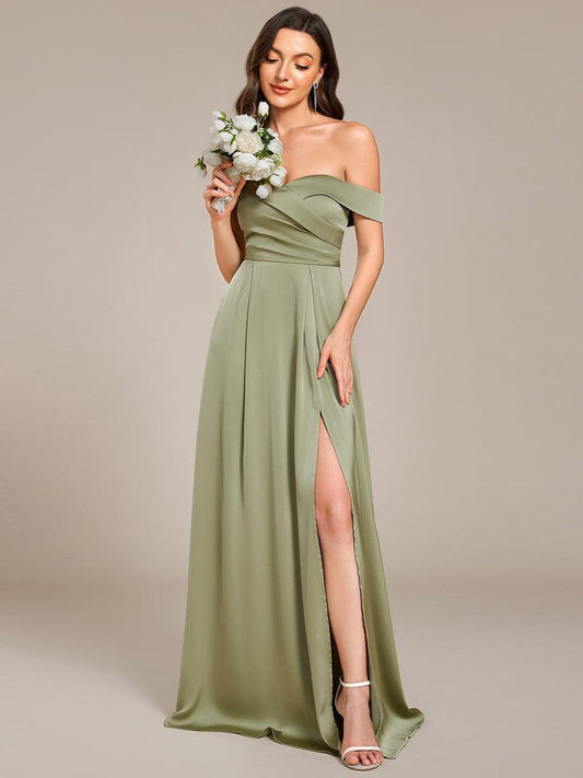 SKYE|Off Shoulder Lace-Up High Slit Satin Bridesmaid Dress