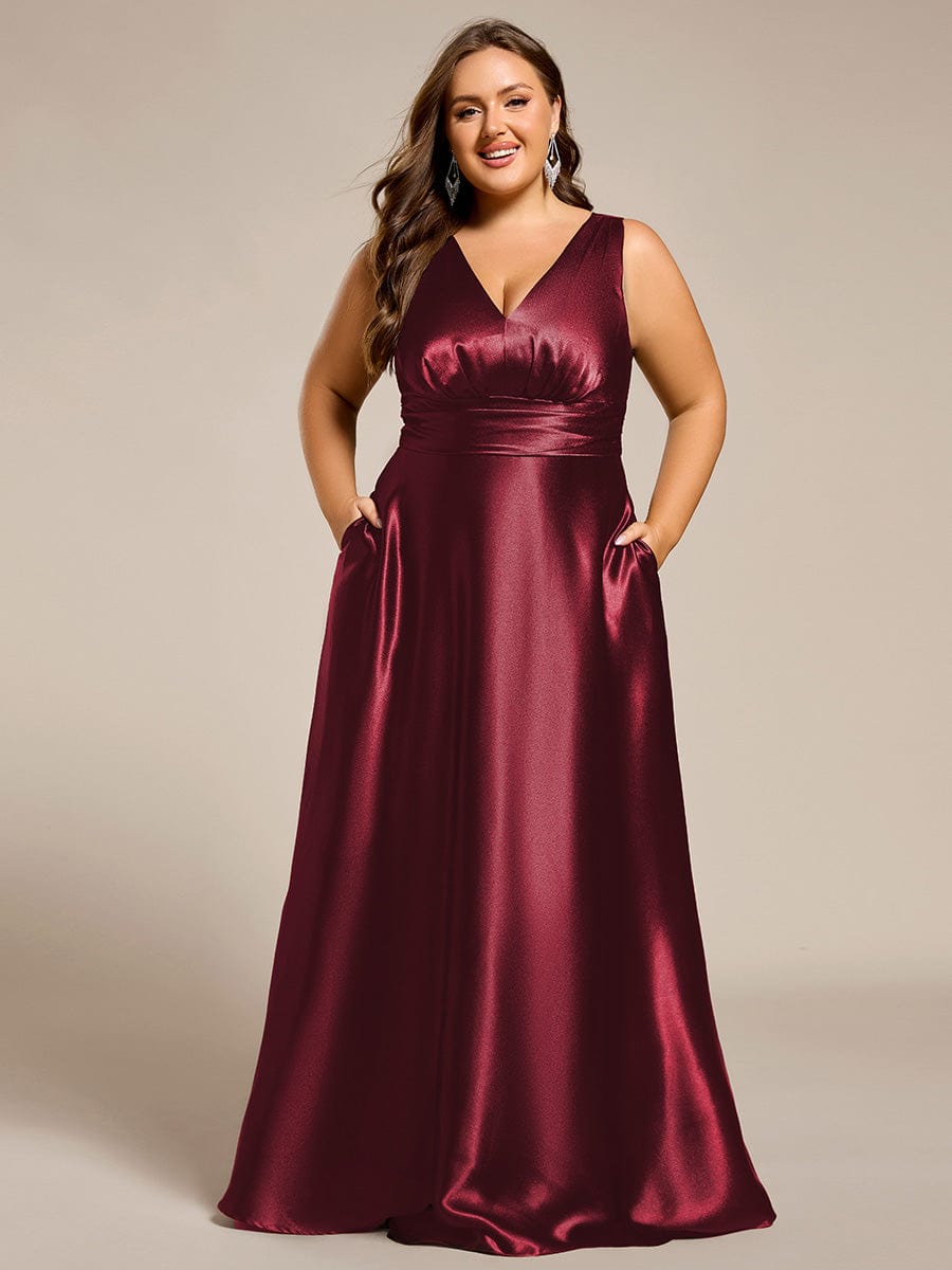 INDY|V-neck Empire Waist Satin Maxi Bridesmaid Dress with Pockets