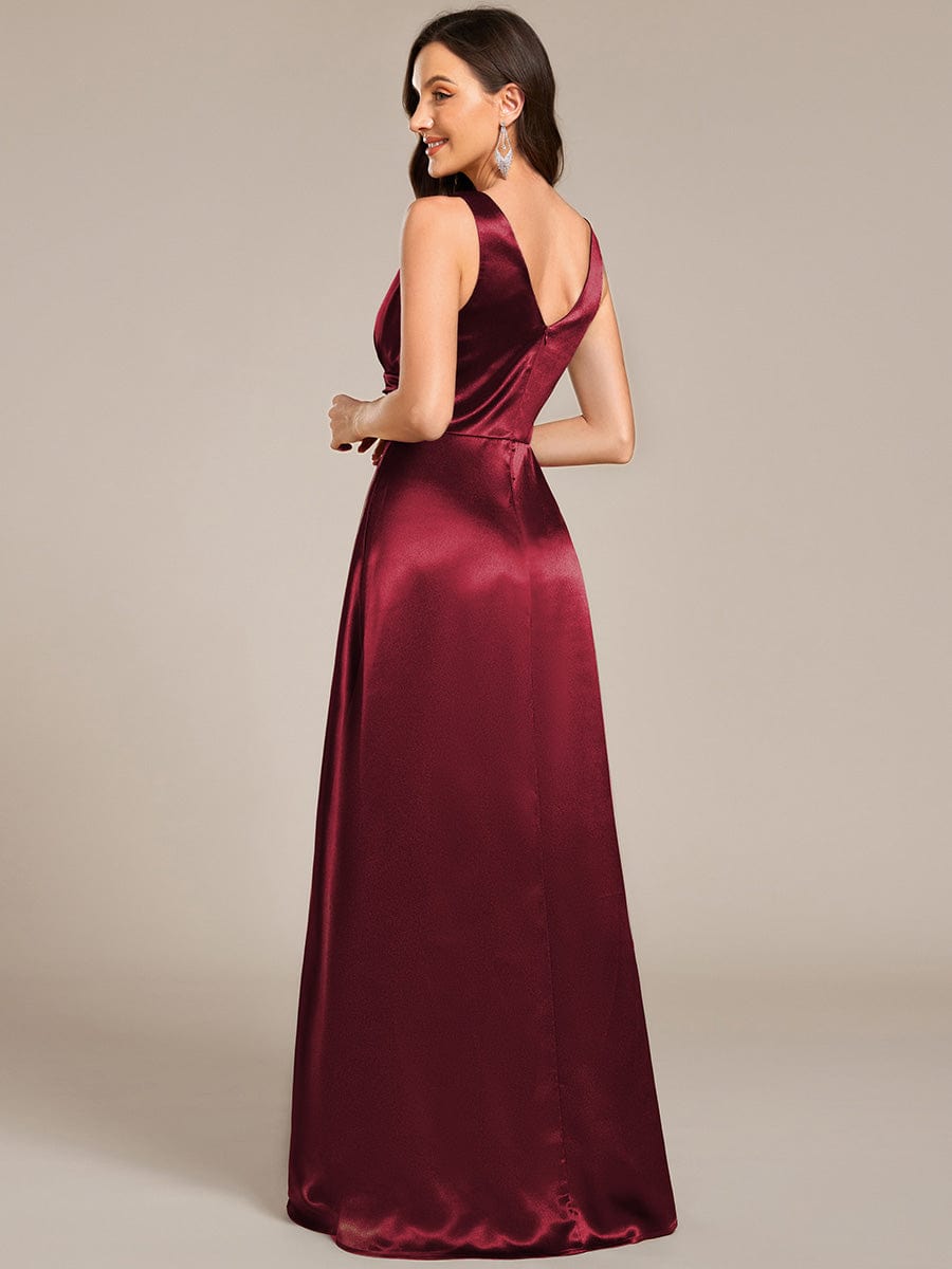 INDY|V-neck Empire Waist Satin Maxi Bridesmaid Dress with Pockets