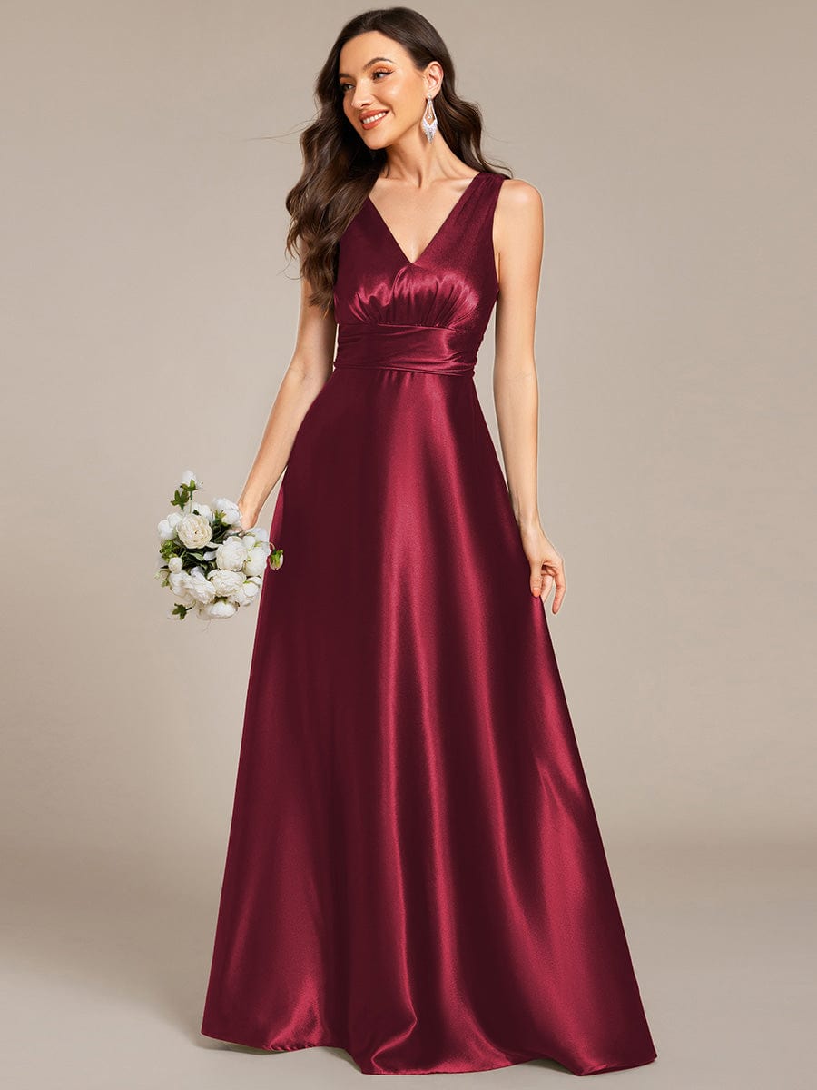 INDY|V-neck Empire Waist Satin Maxi Bridesmaid Dress with Pockets