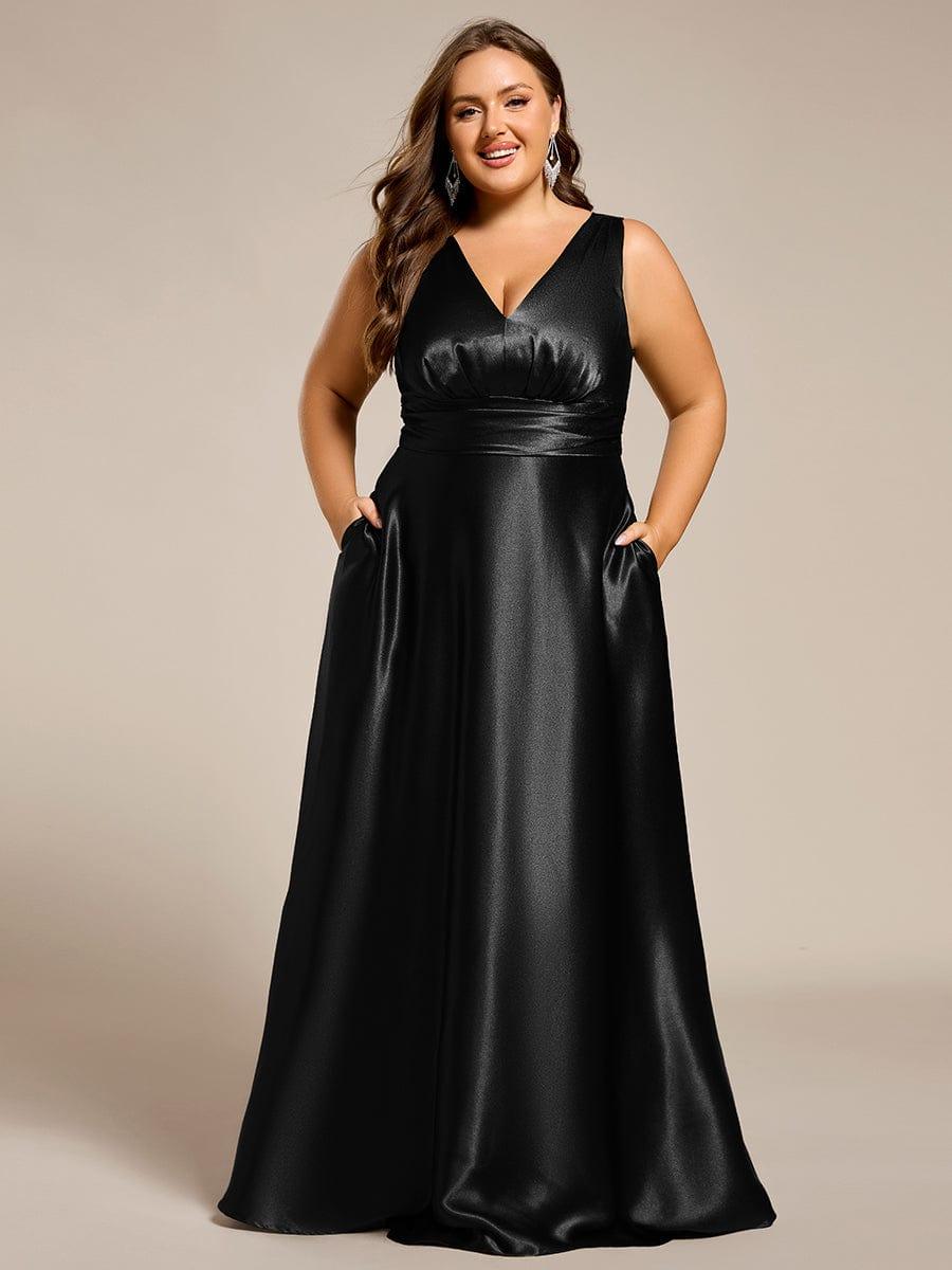 INDY|V-neck Empire Waist Satin Maxi Bridesmaid Dress with Pockets
