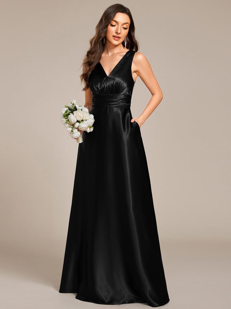INDY|V-neck Empire Waist Satin Maxi Bridesmaid Dress with Pockets