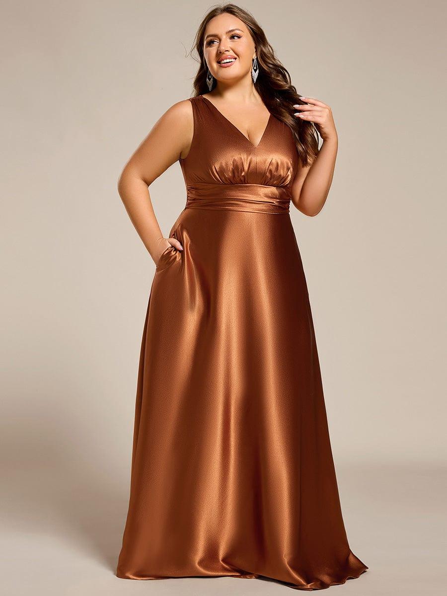 INDY|V-neck Empire Waist Satin Maxi Bridesmaid Dress with Pockets