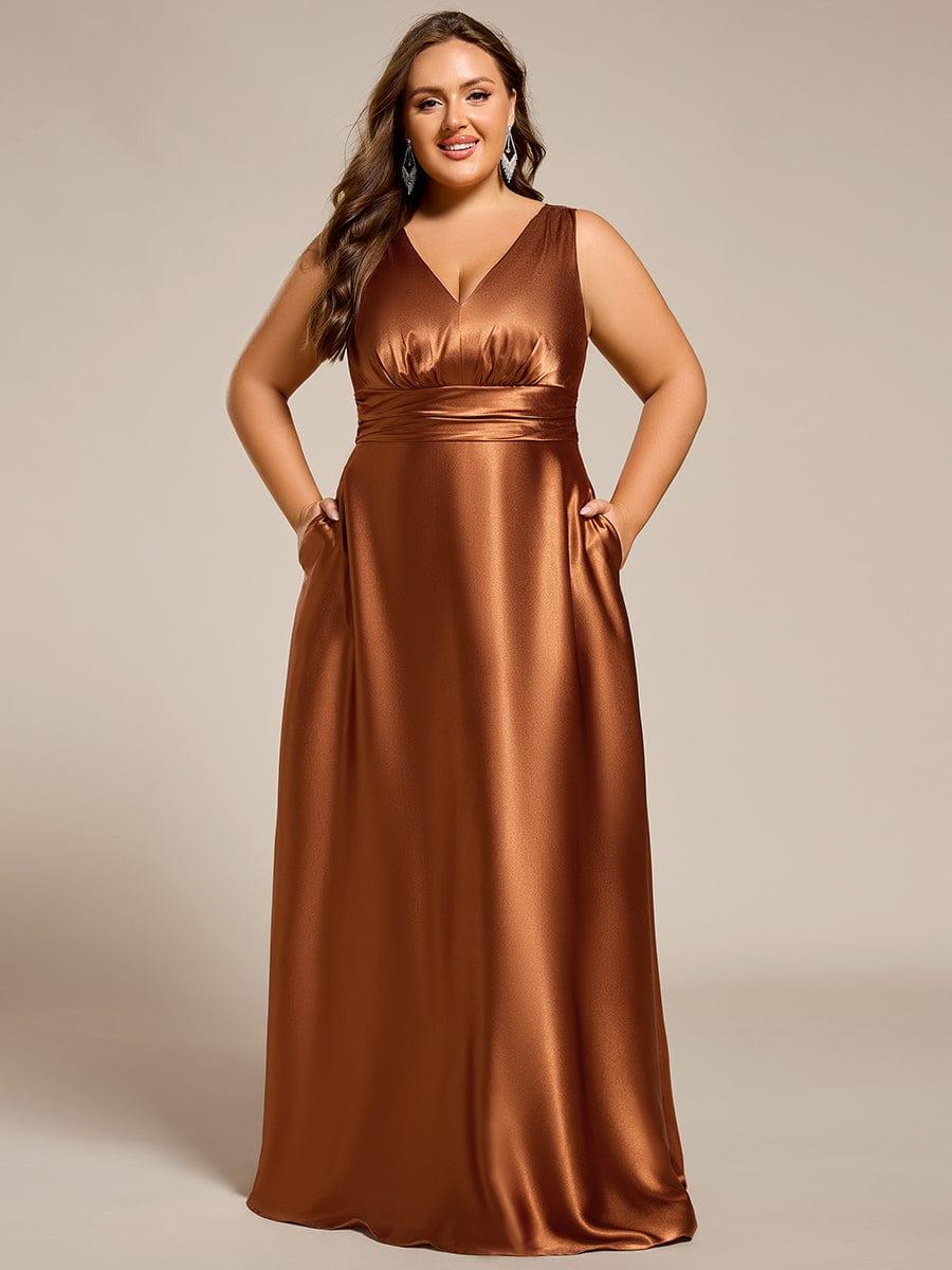 pretty INDY|Plus Size Satin Empire Waist Maxi Bridesmaid Dress with Pockets