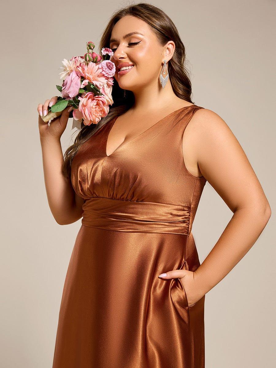 INDY|V-neck Empire Waist Satin Maxi Bridesmaid Dress with Pockets