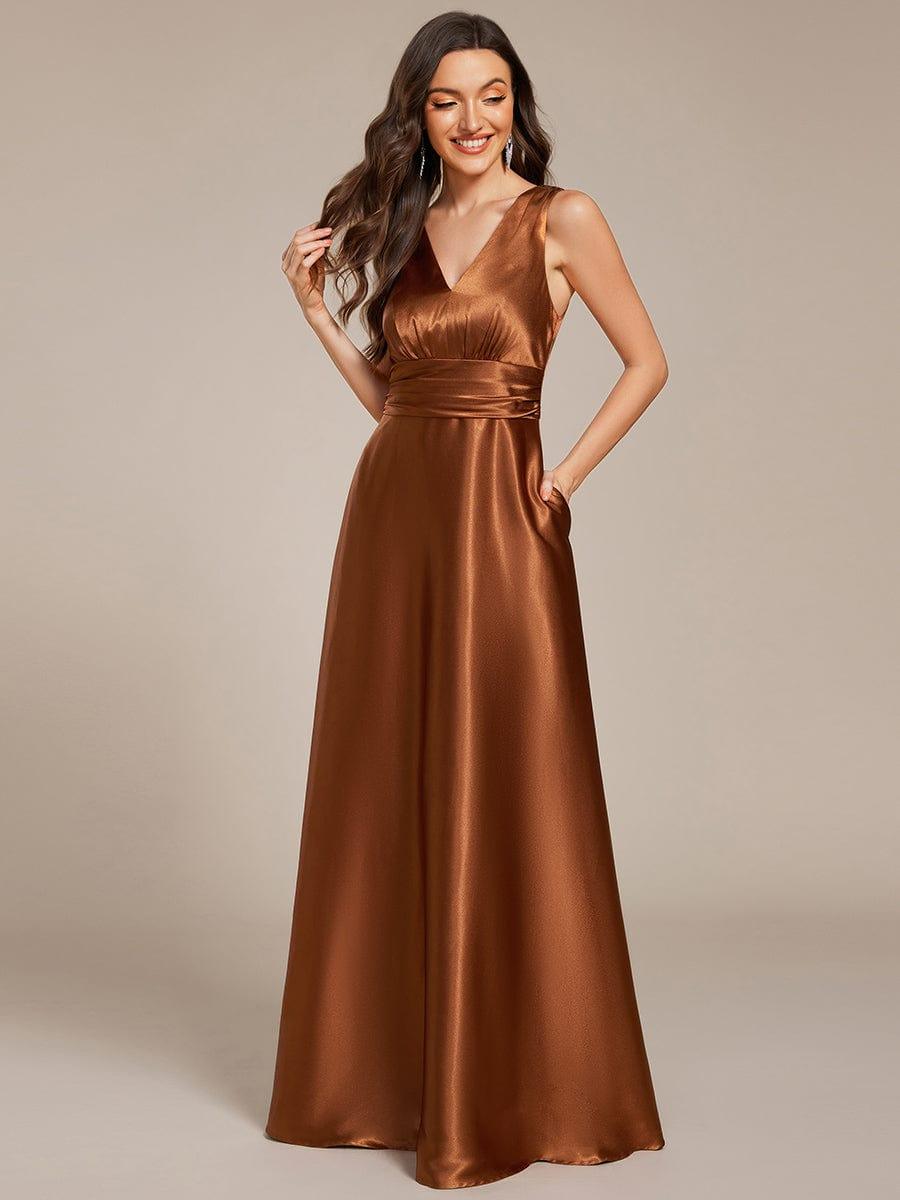 INDY|V-neck Empire Waist Satin Maxi Bridesmaid Dress with Pockets