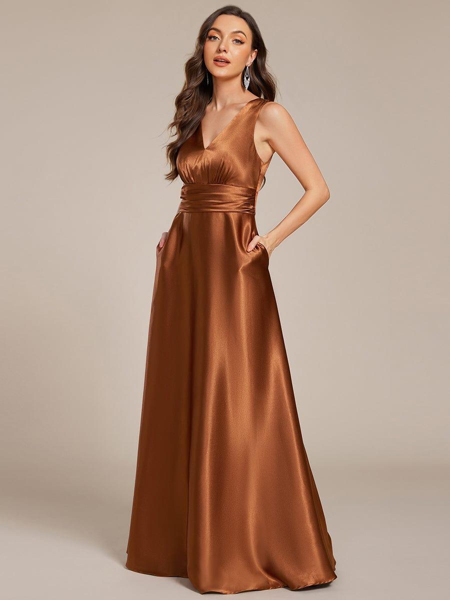 INDY|V-neck Empire Waist Satin Maxi Bridesmaid Dress with Pockets